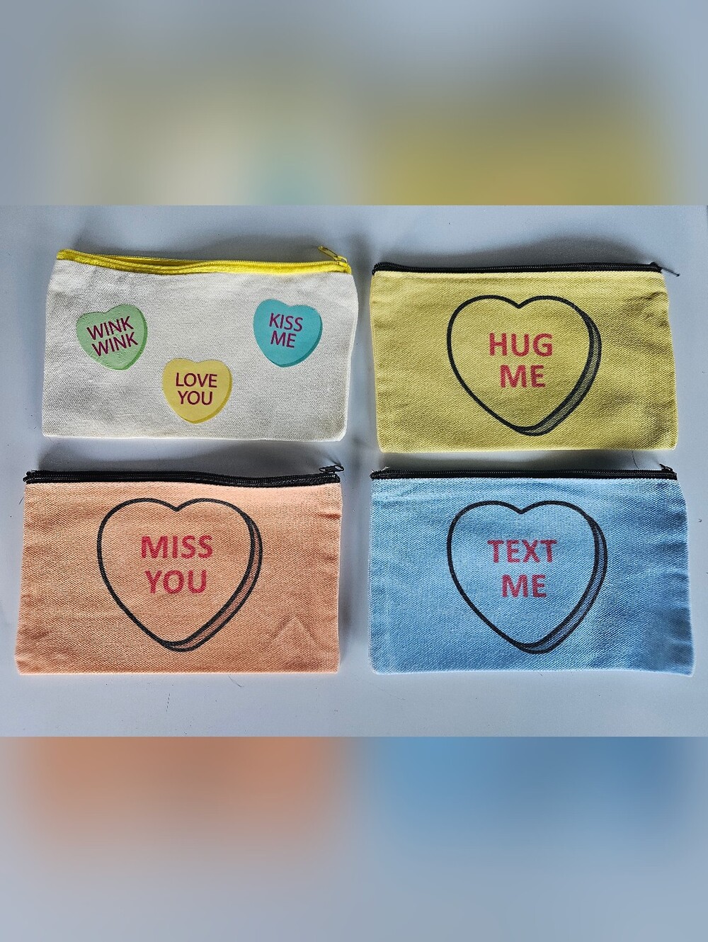 Canvas (Pick 1) Conversation Heart Zip Pouch - Yellow, Blue, Peach, White NWOT
